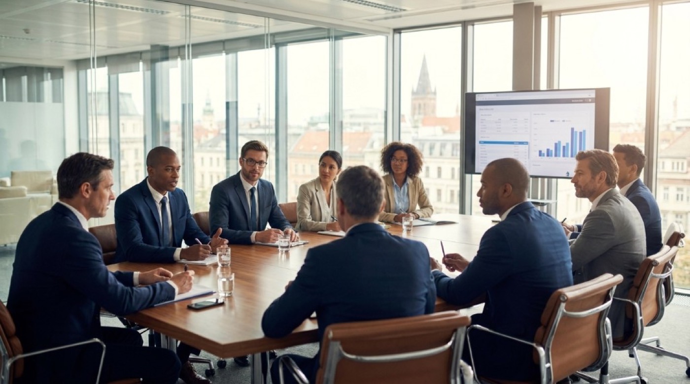 Corporate leadership team in a global strategy meeting.
